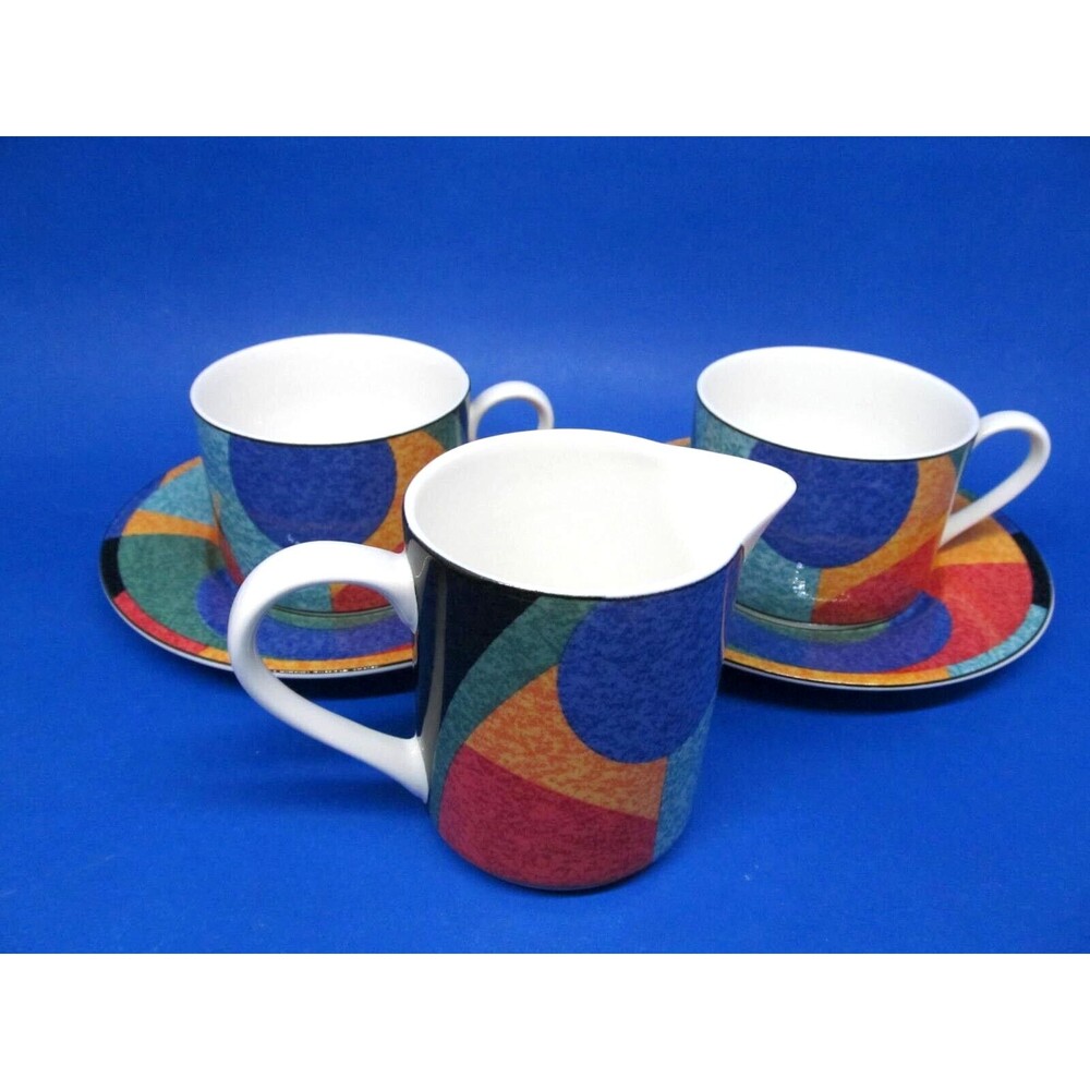 Victoria & Beale Accents Set Of 2 Flat Coffee Cups & 2 Saucers With Creamer EC
